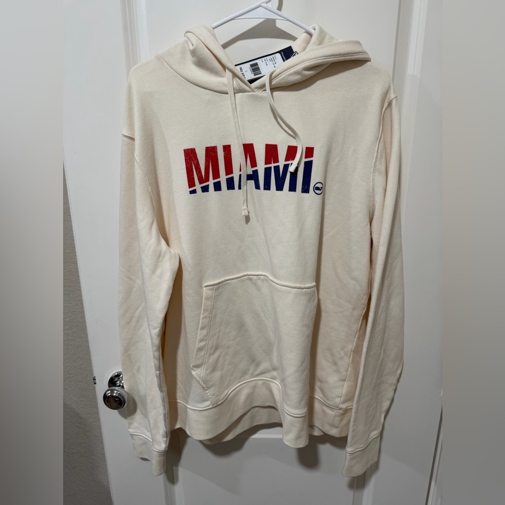 Vineyard Vines Mens Text MIAMI Whale Pocket Hoodie Pina Colada White Hoodie L